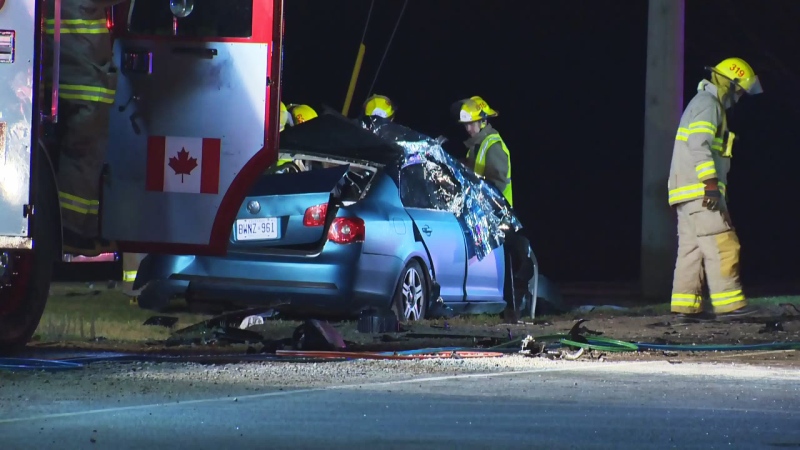 Firefighters work at the scene of a serious collision at Kossuth and Shantz Station roads on Tuesday, Nov. 3, 2015.