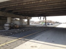 Damage to the Indian Road overpass at Highway 402 is seen just east of Sarnia, Ont. on Monday, Nov. 23, 2015. (Sean Irvine / CTV London)