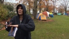 Katherine, who has been living in the tent city on the Victoria Courthouse lawn, says occupants are keeping tidy and just want a place to sleep. Nov. 23, 2015. (CTV Vancouver Island)