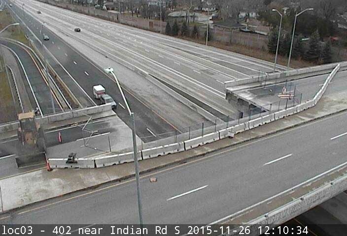 A portion of the Indian Road overpass has been removed after it was struck by a trailer in Sarnia, Ont. on Thursday, Nov. 26, 2015. (Ontario Ministry of Transportation)