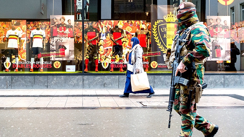 Belgian Army soldier patrols Brussels