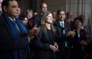 Surrounded by members of caucus, Rona Ambrose speaks after being named as the interim-leader of the Conservative party following a caucus meeting in Ottawa on Thursday November 5, 2015. (Adrian Wyld / THE CANADIAN PRESS) 