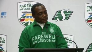 George Reed speaks to the media during the Riders' final season at Mosaic Stadium at Taylor Field. 