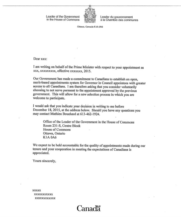 Letter to Harper appointees