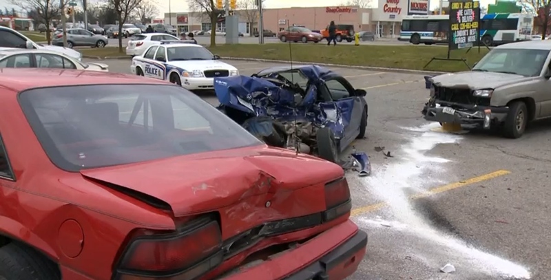 A four-car crash at Clarke Road and Dundas Street caused significant damage in London, Ont. on Friday, Dec. 18, 2015. (Admar Ferreira / CTV London)