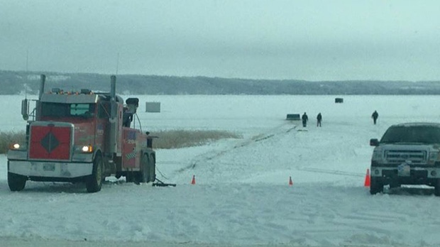 Truck through ice at Pelican Lake
