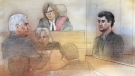 This courtroom sketch shows Marco Muzzo, right, and lawyer Brian Greenspan on Jan. 6, 2016. (John Mantha / CTV Toronto)