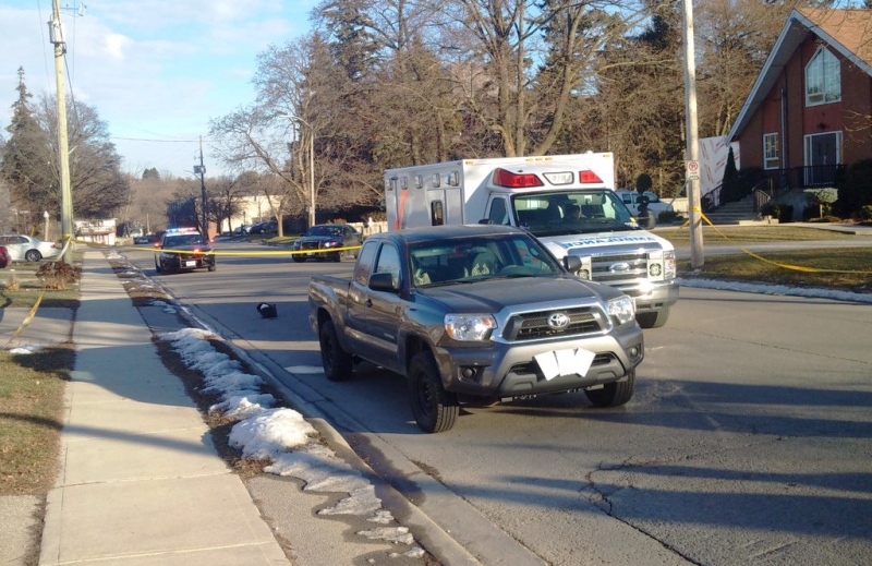 A 68-year-old woman was killed when she was hit by a pickup truck on South Drive in Simcoe on Thursday, Jan. 7, 2016. (Ontario Provincial Police / Twitter)