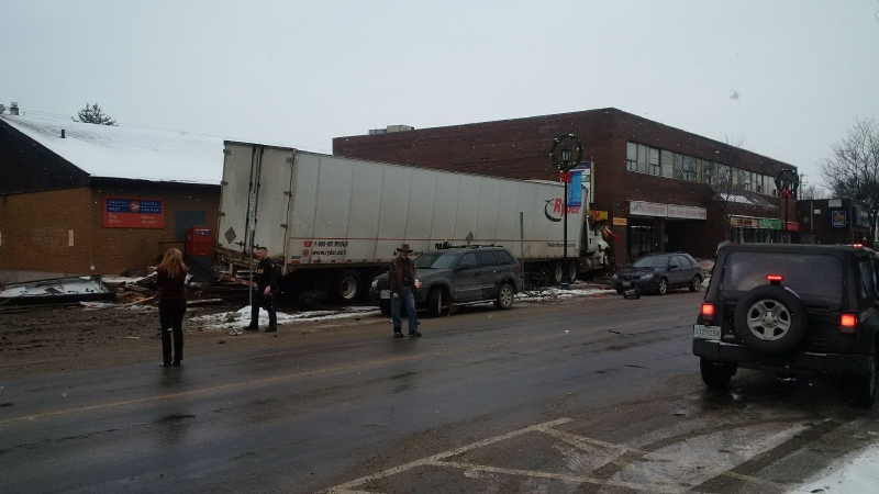 A tractor trailer crashed into a building in Tottenham Thursday morning. (Courtesy: Mike Cuschieri/ CTV Viewer)
