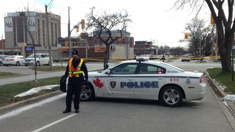 Police block off the area where an elderly woman was struck in a hit-and-run collision in Windsor, Ont. on Monday, Jan. 18, 2016. (Chris Campbell / CTV Windsor)