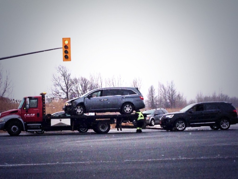 Vehicles are being removed after a multi-vehicle collision at E.C. Row and Banwell Road on Wednesday, Jan. 20, 2016. (Sacha Long / CTV Windsor)