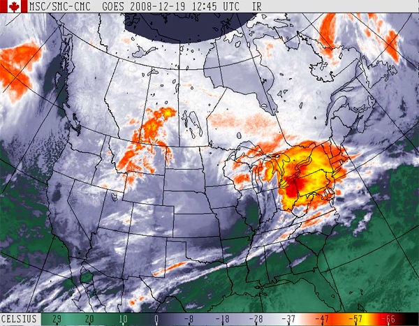 A large winter storm hits Southern Ontario as seen in this Environment Canada infrared satellite image taken 8:45 a.m. ET, Friday, Dec. 19, 2008.