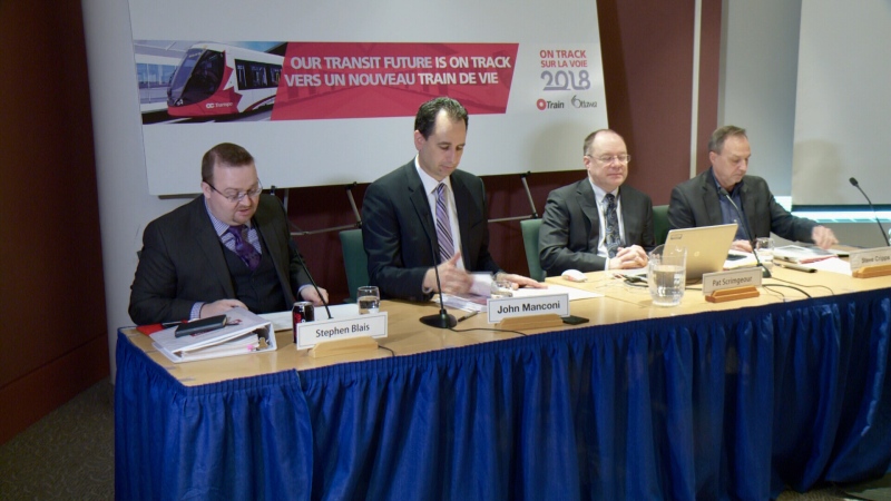 Chair of the Transit Commission Stephen Blais, OC Transpo GM John Manconi, OC Transpo head of systems and planning Pat Scrimgeour and Director of the Rail Implementation Office Steve Cripps provide a technical briefing on LRT construction. (Mark Dunlay/CTV Ottawa, February 10, 2016) 