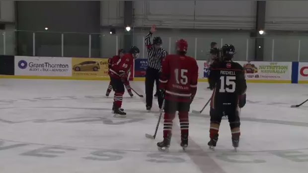 Players line up for a faceoff at the Pictou County Bantam Memorial Hockey Tournament. 