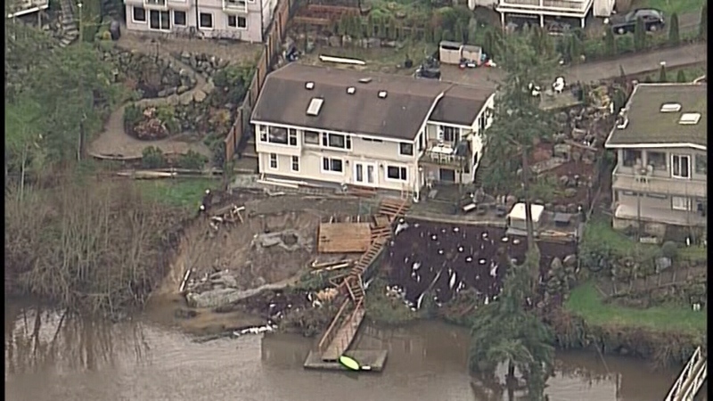 A landslide sent part of a property spilling into the Gorge Waterway Tuesday, Feb. 16, 2016. Fortunately, no one was injured in the incident. (CTV Vancouver's Chopper 9)