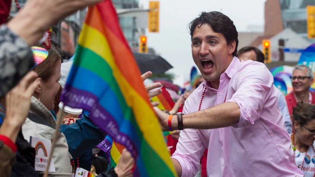 Trudeau marching in Pride Parade