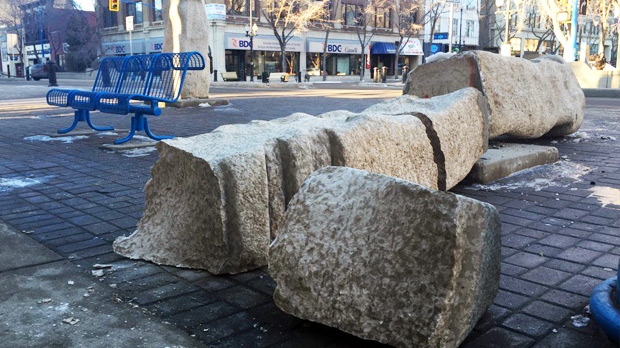This Tyndall stone sculpture was damaged Feb. 22. (JULIE MIREAU/CTV SASKATOON)