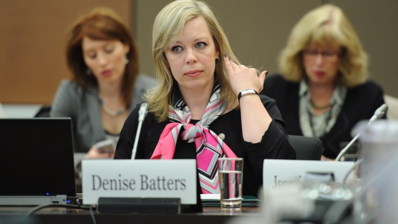 Denise Batters, wife of Regina MP Dave Batters who died of suicide, appears as a witness at a commons health committee on mental illness in Ottawa, on Thursday, March 8, 2012. (Sean Kilpatrick / THE CANADIAN PRESS)