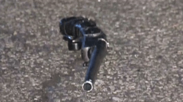 A gun that was found at the scene of a reported shooting in Etobicoke on Friday night is shown. 