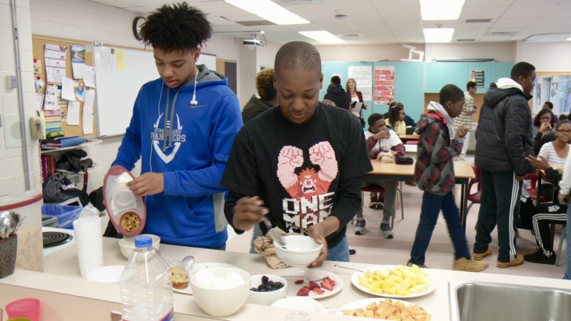 Students at Lester B. Pearson enjoy breakfast.