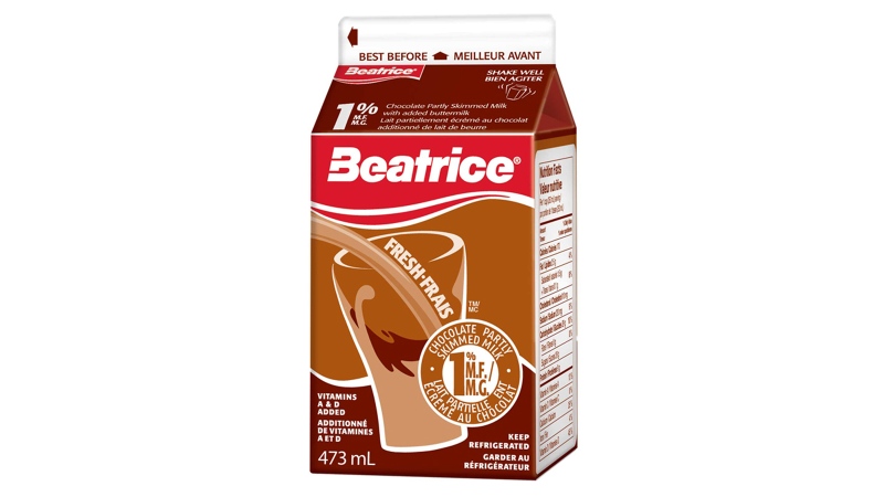 A 473-millilitre carton of chocolate partly skimmed milk is shown on the Beatrice brand website. (beatrice.ca) 