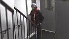 A person of interest sought in connection with a shooting in Thorncliffe Park that left a man with life-threatening injuries is seen in this security camera image. (Toronto Police Services) 