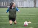 Lindsay Hilton, who was born without full arms and legs, coaches rugby at Dalhousie University in Halifax on March 28, 2016. (Andrew Vaughan / The Canadian Press)