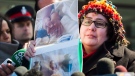 Jennifer Neville-Lake cries as she shows photographs of her three children and father who were killed in a horrific crash by drunk driver Marco Muzzo at the courthouse in Newmarket, Ont., on Tuesday, March 29, 2016. (Nathan Denette / THE CANADIAN PRESS)