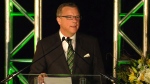 Brad Wall delivers a speech after leading the Saskatchewan Party to victory in the provincial election, Monday, April 4, 2016. 