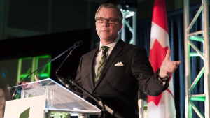 Brad Wall speaks during the Saskatchewan Party electoral victory at Palliser Pavilion in Swift Current, Sask., on Monday, April 4, 2016. THE CANADIAN PRESS/Michael Bell