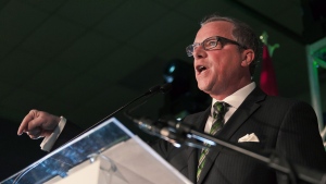 Brad Wall speaks during the Saskatchewan Party electoral victory at Palliser Pavilion in Swift Current, Sask., on Monday, April 4, 2016. THE CANADIAN PRESS/Michael Bel