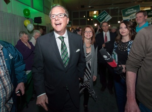 Brad Wall and his wife Tami arrive at the Saskatchewan Party victory celebration at Palliser Pavilion in Swift Current, Saskatchewan, on Monday, April 4, 2016. THE CANADIAN PRESS/Michael Bell