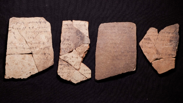 Letters inscribed on pottery, known as ostracons