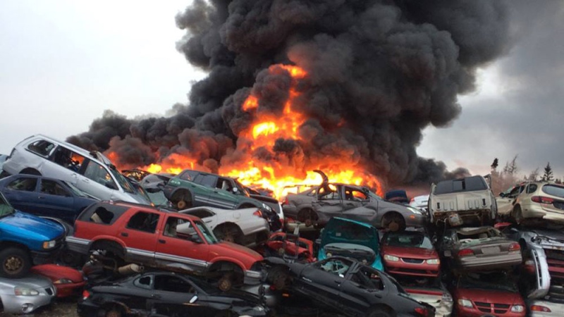 A suspicious fire has destroyed hundreds of cars at a junkyard in Cape Breton. (Rod Beresford/Facebook)