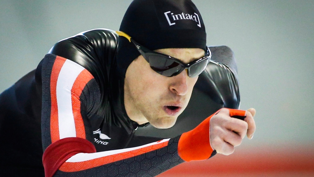 Denny Morrison competes in Calgary