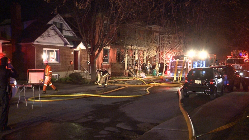 A woman was taken to hospital for smoke inhalation after a barbeque exploded, leading to a massive fire on Rosemere Ave. in downtown Ottawa on Saturday night. (Bryan McNab/CTV Ottawa, April 30, 2016)