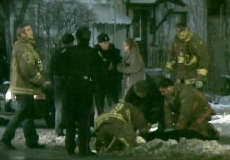Firefighters attempt to resuscitate a dog that had been electrocuted while walking near in the Keele Street and Dundas Street area on Tuesday, Jan. 1, 2009.