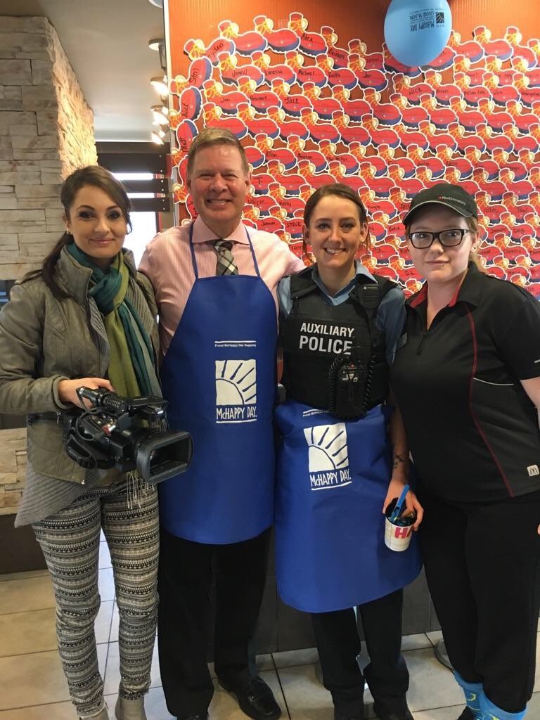 CTV reporter Stefanie Masotti (left) and anchor Jim Crichton at the Lauzon McDonalds in Windsor, Ont., on Wednesday, May 4, 2016. (CTV Windsor)