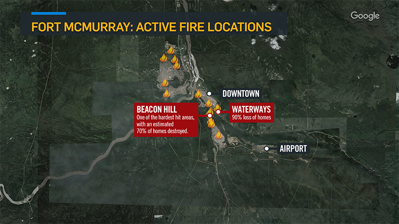Map of active fire locations in Fort McMurray