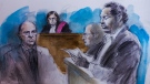 A court sketch from the sentencing hearing of a fatal drunk driving incident shows Defence lawyer Ed Prutschi, Justice Maria Speyer, Crown Malcolm Savage and the driver, Matthew Habte, on May 20, 2016. (Pam Davies) 
