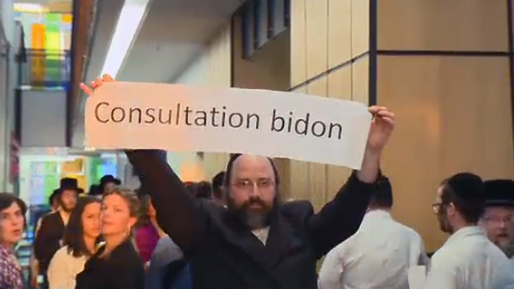 Hasidic Jew protester holds a phony consultation