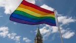 The pride flag flies following a raising ceremony on Parliament Hill Wednesday June 1, 2016 in Ottawa.  (Adrian Wyld / THE CANADIAN PRESS)