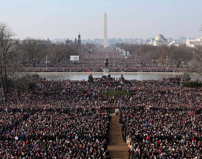 Crowds gather to watch the inauguration of President Barack Obama, on the west side of the Capitol in Washington, Tuesday, Jan. 20, 2009.(AP / Scott Andrews)