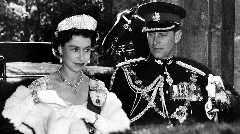 The Queen in her Coronation gown and Prince Philip
