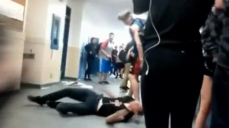 A video taken in a Nanaimo high school allegedly shows a victim being punched and kicked on the ground Friday, June 3, 2016.