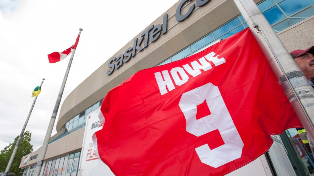 Gordie Howe flag outside SaskTel Centre