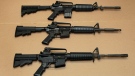 Three variations of the AR-15 assault rifle are displayed at the California Department of Justice in Sacramento, Calif., on Aug. 15, 2012. (Rich Pedroncelli / AP)