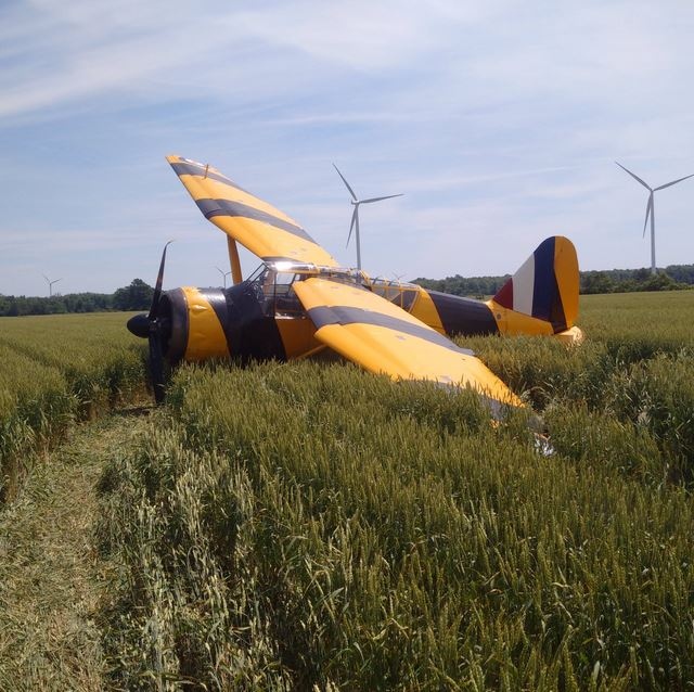 Pilot makes emergency landing of WWII plane in a field Cayuga field. Photo: Const. Ed Sanchuk June 18, 2016 