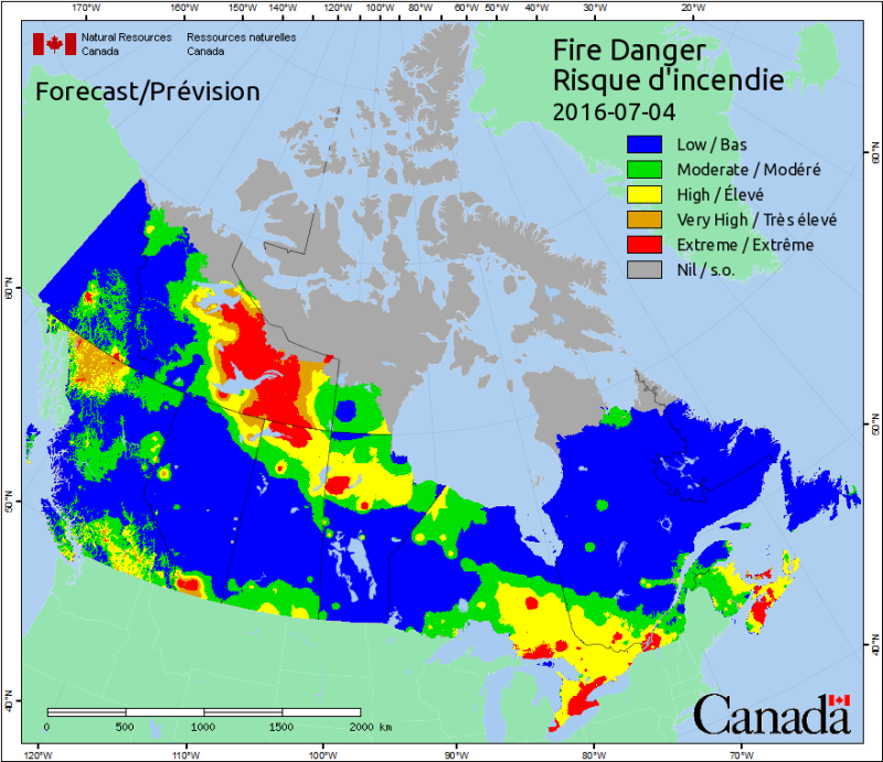 Canadian Wildland Fire Information System map for Monday, July 4, 2016.