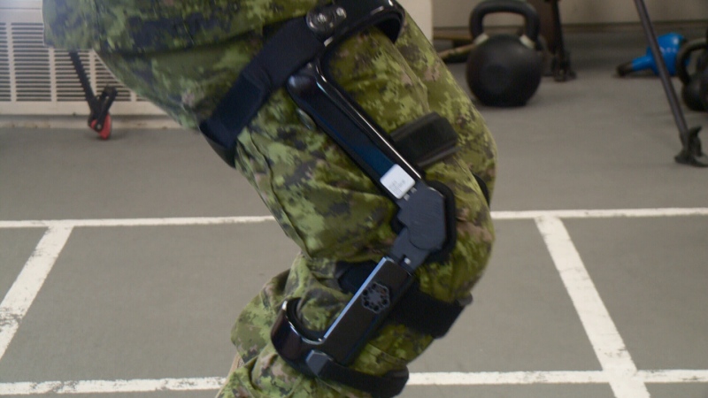 A soldier tries out a new bionic knee brace in Ottawa, July 12, 2016